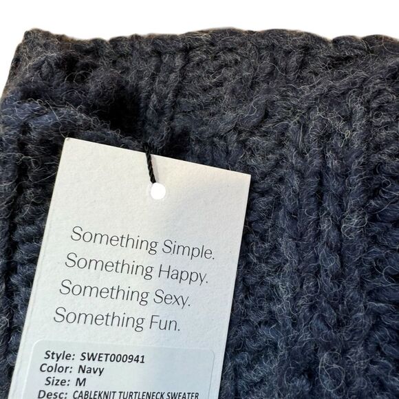 Revolve Something Navy Cableknit Turtleneck Chunky Blue Cable Knit Sweater SZ M - Picture 5 of 10